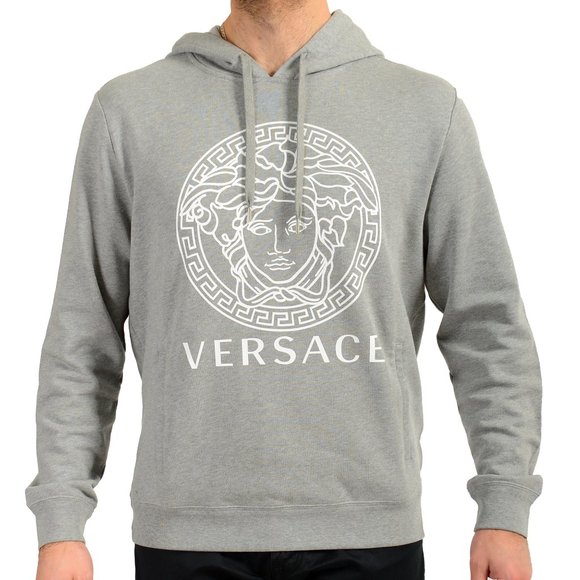 Versace Men's Gray Logo Medusa Print Hooded Sweatshirt Hoodie US L IT 52